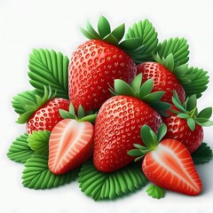 Fresh Juicy Strawberries on Green Leaves Displayed on White. generator AI