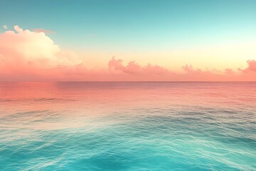 Fototapeta premium A serene sunrise over a tranquil ocean, blending soft pastel hues of pink and blue that reflect on the calm water surface. Perfect for relaxation and peace.