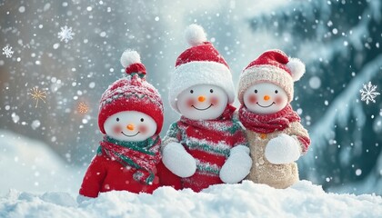 Festive snowmen celebrating New Year and Merry Christmas with fireworks in winter