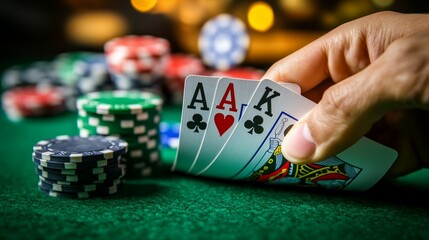 Poker chips and female hand holding cards on green table