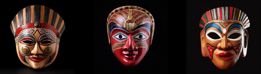 Naklejka premium Three colorful masks with painted faces and decorative features, isolated against a black background.