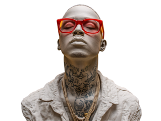 a man with tattoos and red glasses