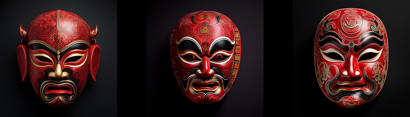 Three red painted wooden masks with intricate details are isolated against a black background.