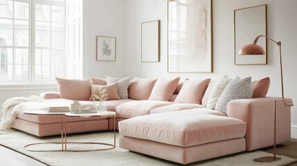 Fototapeta premium Modern Living Room with Pink Sectional Sofa and Gold Accents
