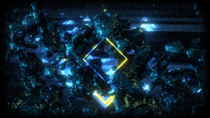 A data screen style background of strange synthetic formations of undulating organic looking material pulsating with glowing data glitch and interference effects.