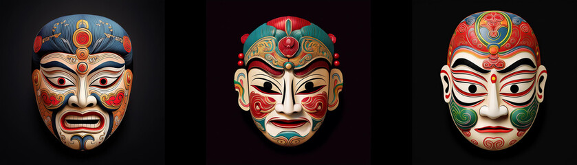Three ornate masks with colorful designs against a black background.