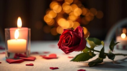 Romantic Valentine's Day setup with red rose, love letter, candles, 3d hearts, and bokeh lights, celebration, red rose, candles