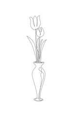 Flower in a vase, Continuous one line hand drawn, Tulip flowers in a vase isolated on white background, Vector illustration design, Editable stroke