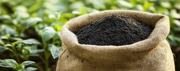 Burlap sack full of fertilizer resting near growing crops