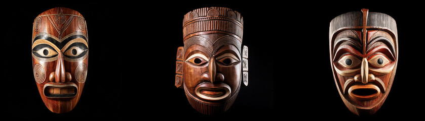 Three wooden masks with carved faces are isolated against a black background.