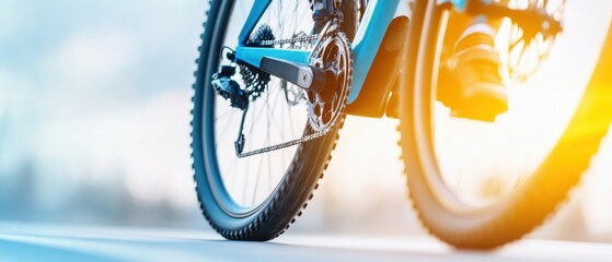 Close-up view of a bicycle tire on a smooth road, showcasing the detailed tread and wheel mechanism against a bright, sunlit background.