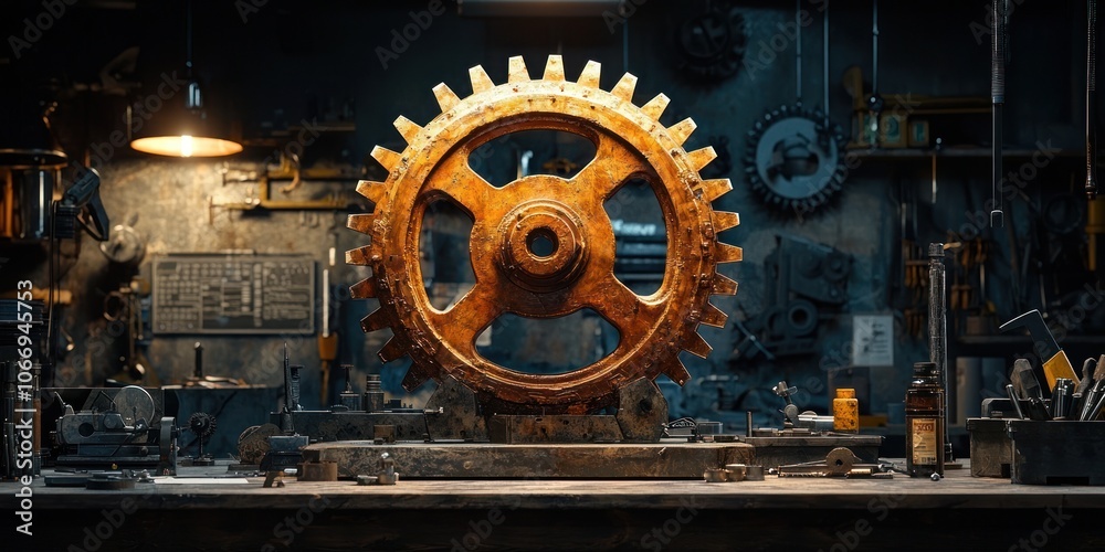 Poster large rusty gear on a workshop table