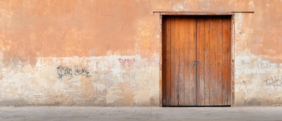 A rustic wooden door set against a weathered orange wall.