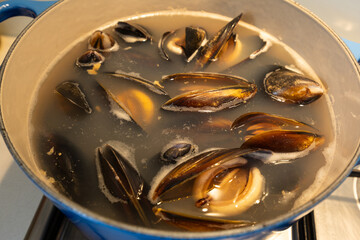 Mussel boiling in a large pot.