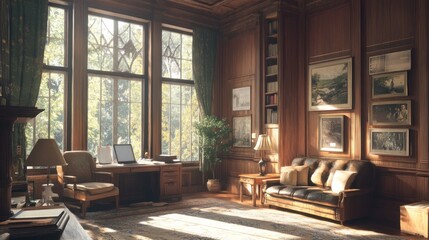 Cozy study with wood-panelled walls, vintage decor, and large windows 