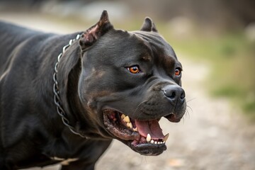 Portrait of a beautiful agressive black pit bull dog showing its muzzle and brown eyes