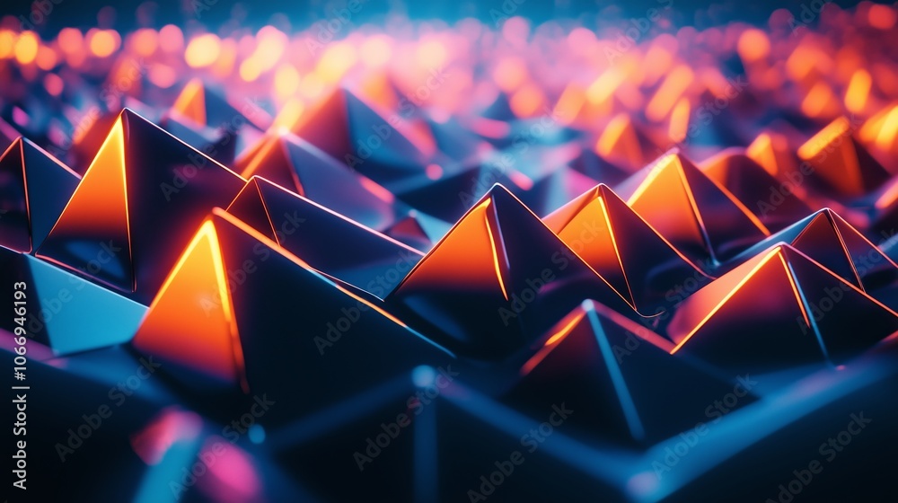 Poster abstract geometric patterns create a vibrant landscape with illuminated pyramids in a dynamic color 