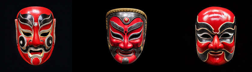 Three red and black masks isolated on a black background.