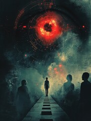 Surreal vision: journey into the digital unknown with futuristic eye and silhouettes