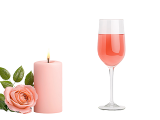 a pink candle and a glass of wine
