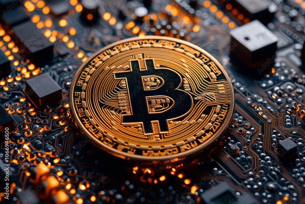 Poster Bitcoin Cryptocurrency Coin on a Circuit Board