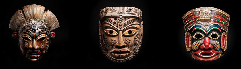 Naklejka premium Three wooden masks isolated against a black background.