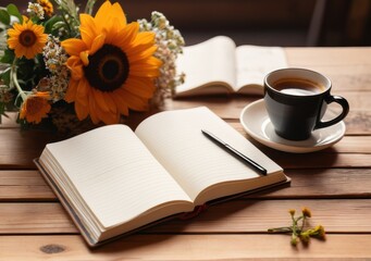 Steaming cup of coffee, open journal, and a sunflower bouquet in soft natural light, ideal for mindful self-care rituals