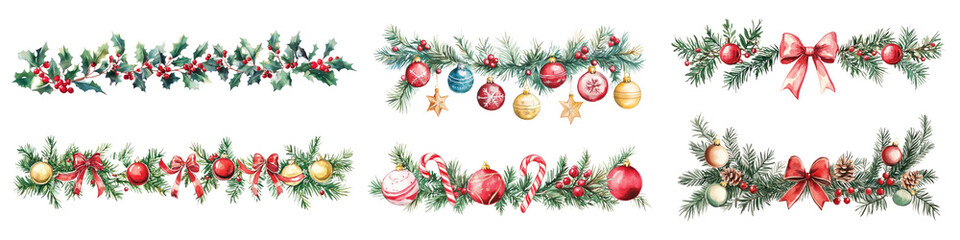 Watercolor Christmas garland png cut out element set