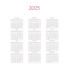 2025 calendar planner. Corporate week. Template layout, 12 months yearly, white background. Simple design for business brochure, flyer, print media, advertisement. Week starts from Monday