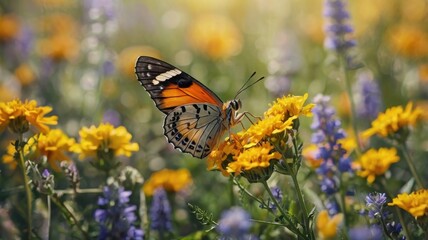 Obraz premium Monarch Butterfly on Yellow Wildflowers in Blooming Meadow