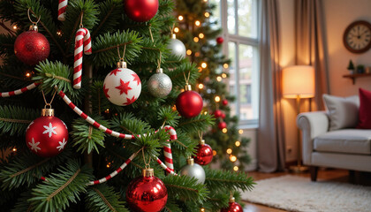 Christmas Tree Decorated with Red and White Ornaments