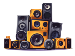 a group of speakers stacked together