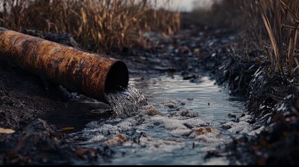 Fototapeta premium Rusty pipe polluting stream with waste water in natural environment