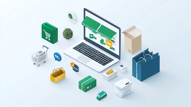 Simple isometric design showing eCommerce platform growth with multiple icons, financial bars, and a digital storefront, cool-toned color scheme.
