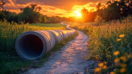 Obraz premium Concrete pipes following a dirt road at sunset in the countryside