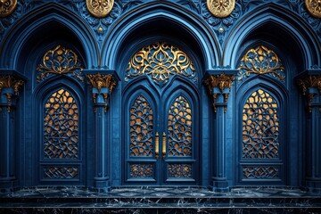 Fototapeta premium Ornate Blue and Gold Doors with Marble Steps
