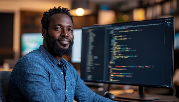 A developer working on responsive cross-platform websites in a modern office