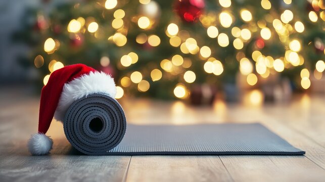 Yoga mat wearing santa hat with christmas tree in background symbolizing holiday fitness