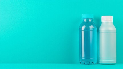 Two colorful bottles stand against a vibrant turquoise background, showcasing a modern and minimalist design.