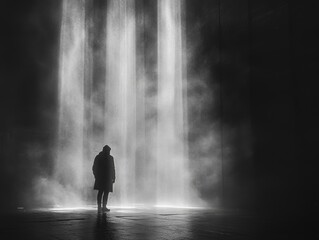 Mysterious silhouette of person in misty illuminated urban scene at night
