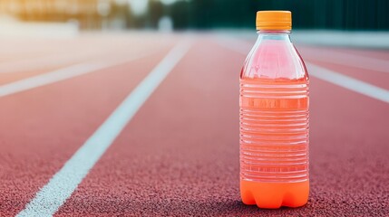A bright orange sports drink bottle on a running track, symbolizing hydration and athleticism during workouts.