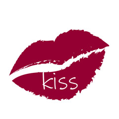 Lip print icon. Kiss text overlay. Romantic symbol graphic. Vector illustration.