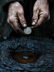 Hands holding coin over muddy water reflecting hard work and perseverance