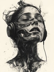 Fototapeta premium Surreal portrait of woman with headphones blending into abstract smoke patterns