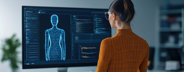 Woman in a modern lab examines a digital human anatomy model on a large screen, representing healthcare technology and data analysis.