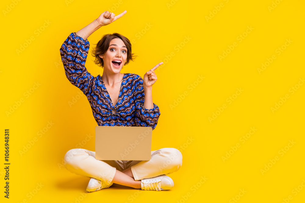 Poster full length photo of surprised shocked lady sending coworkers her final project point fingers mockup