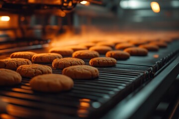 Obraz premium Freshly Baked Cookies on Conveyor Belt