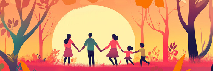 Sunset Family Moment: Warm fall illustration of a family holding hands in a serene forest.
