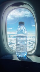 Refreshing water bottle rests on tray table during flight with cloudscape view