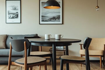 A black wooden dining table with two chairs, set against an empty beige wall in the background